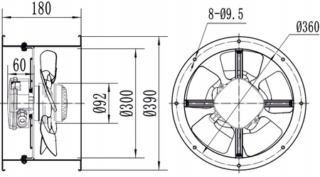 Ventilator industrial de conducte fi 300 in. 1845m3/h YWF-4E-300B-92/35-T