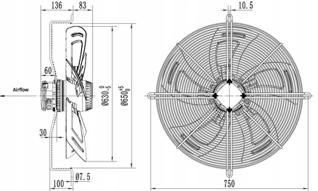 Ventilator industrial. aspirație axială 630 mm YWF4E-630S