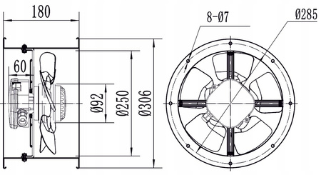 Ventilator industrial pentru conducte fi 250 in. 1450m3/h YWF-2E-250B-92/15T